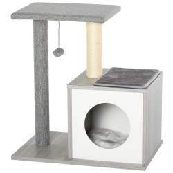 Arranhador para gatos 59x39x62 cm de 3 níveis com poste de arranhar caverna almofadas amovíveis e bolsa de brinquedo cinza