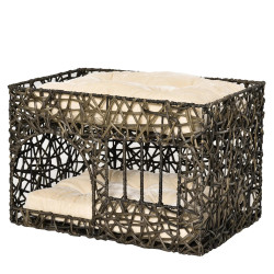 Cesta de vime para gatos de 2 alturas cama caverna de gatos com 2 almofadas suaves e janela 56x41x45cm café escuro