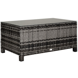 Mesa de Jardim em Vime Sintético Mesa Auxiliar com Vidro Temperado para Terraço Pátio, Varanda 85x50x39 cm Cinzento