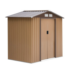 Abrigo de Jardim 213x130x185cm Abrigo de Jardim Metálico de Exterior com 2 Portas Deslizantes e 4 Janelas Marrom Claro