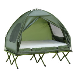 Cama Dupla de Camping Dobrável com Tenda 4 em 1 Cama de Campismo Elevada com Colchão Insuflável e Saco de Transporte em Tecido O