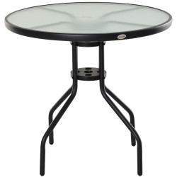 Mesa de Jardim Redonda Mesa Sala de Jantar de Cristal Temperado com Orifício para Chapéu de Sol Estrutura Metálica para Pátio Te