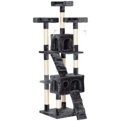 Arranhador para Gatos Grande 49x49x173 cm com Múltiplos Níveis Cavernas e Brinquedos Suspensos Cinza