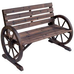 Banco de madeira ao ar livre com apoio de braços em forma de roda Vista envelhecida para varanda Terraço 105,5x56x75 cm Marrom r