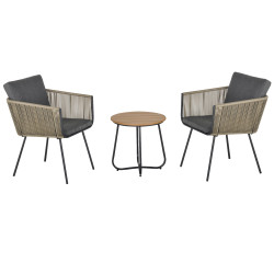 Conjunto de móveis de vime conjunto de móveis para jardim 3 peças mesa redonda e 2 poltronas com almofadas acolchoadas pátio terraço cinza e marrom