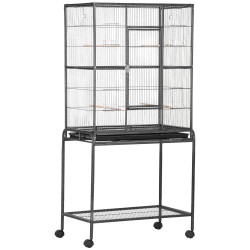 Gaiola para Pássaros com Rodas 81x48x162,5 cm com Bandeja 4 Poleiros 4 Comedouros e Prateleira Preto e Cinza