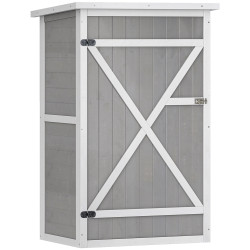 Armário de jardim de madeira 75x56x115cm para ferramentas com 3 prateleiras interiores porta com trava e teto asfáltico cinza