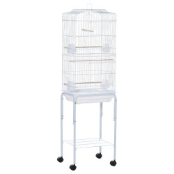 Gaiola para passáros com suporte com 4 rodas portas 4 comedouros 3 poleiros e bandeja removível 46,5x36x157cm branco
