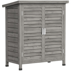 Armário de Armazenamento de Madeira para Jardim com 2 Prateleiras Interiores 2 Portas e Teto Inclinado para Exterior Terraço 87x