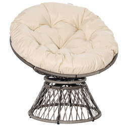Poltrona papasan giratória de vime sintético com almofada e estrutura de aço para jardim pátio 87x97x90 cm cinza e creme
