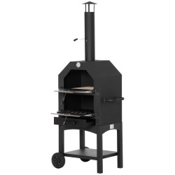 Forno de pizza exterior com 2 camadas forno a lenha com rodas gaveta removível prateleira para jardim 64x54x160 cm preto