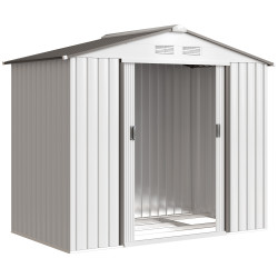 Abrigo de Jardim 213x130x185cm Abrigo de Jardim Metálico de Exterior com 2 Portas Deslizantes e 4 Janelas Branco e Cinza