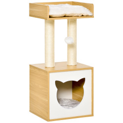 Árvore para Gatos de 2 Níveis com Caverna Superior Postes Arranhadores de Sisal Natural Almofadas Laváveis e Bola de Brinquedo 3