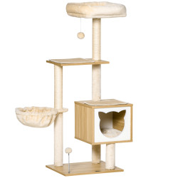 Arranhador para Gatos com Plataforma Rede Caverna Cama Postes de Sisal e Bolas de Brincar 48x40x126 cm Bege