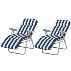 2 Espreguiçadeiras de jardim dobráveis espreguiçadeiras de aço com almofada acolchoada encosto ajustável em 5 posições e apoio para os pés 60x75x50-102cm azul e branco