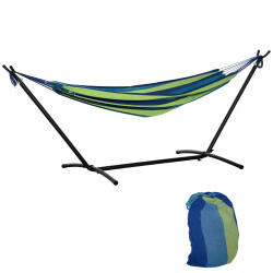 Cama rede com suporte 310x117 cm com bolsa de transporte altura ajustável capacidade 120 kg para campismo pátio verde e azul