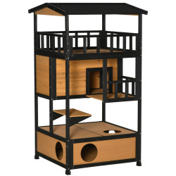 Casa para Gatos de Madeira 75,5x75x137 cm Abrigo para Gatos com Telhado Asfáltico Plataformas e Ninho Natural