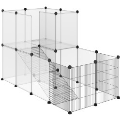 Recinto para Animais de Estimação Pequenos DIY com 21 Painéis de Resina e 6 Painéis de Arame 140x70x90cm Transparente e Preto