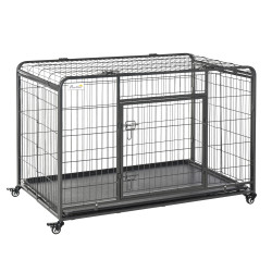 Gaiola dobrável de metal com rodas e freios bandeja removível e porta com travas125x76x81 cm cinza escuro