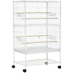 Gaiola para Pássaros com Rodas Bandeja Amovível 4 Portas Comedouros e Prateleira de Armazenamento 78x52x132cm Branco