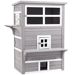 Casa para Gatos de Madeira Exterior Casa Grande para Gatos de 3 Andares com Múltiplas Entradas Janelas e 2 Plataformas para Terr