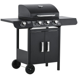 Barbecue a Gás com 3+1 Queimadores 11,6KW 2 Mesas Laterais Armário de 2 Portas Termômetro e 2 Rodas Aço Inoxidável 110x50x100cm