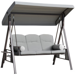 Banco Baloiço de Jardim de 3 Lugares com Teto 2 Almofadas Suporte para Bebidas e Estrutura de Metal para Terraço Balcão Exterior
