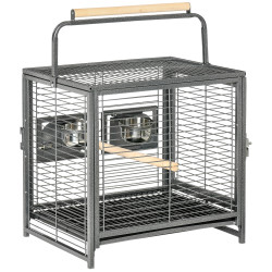 Gaiola para pássaros portátil com 2 poleiros de madeira comedouros de aço inoxidável e bandeja amovível 48x38x47,8 cm preto