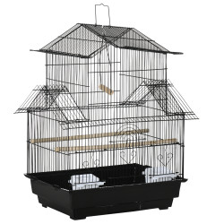 Gaiola para pássaros de metal com bandeja amovível 2 comedouros e poleiros 50,5x41x63cm preto