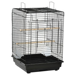 Gaiola para pássaros com teto abatível 2 poleiros 2 comedouros e bandeja amovível para canários periquitos 40x40x59 cm preto