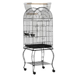 Gaiola para pássaros com suporte e rodas bandeja amovível e 2 tigelas 51x51x153 cm preto