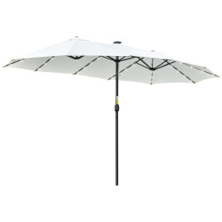 Chapéu de sol duplo com 48 luzes LED 4,5x2,65 m manivela proteção solar para terraço jardim piscina creme