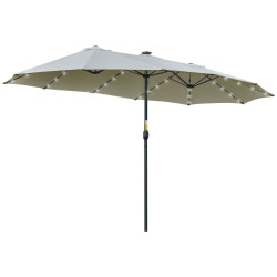 Chapéu de sol duplo de jardim com 48 luzes LED solar 450x265x240cm com manivela proteção solar para terraço cinza claro