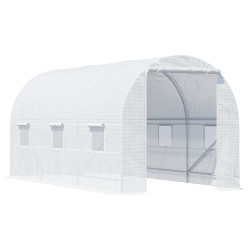 Estufa tipo túnel 445x200x200 cm com porta enrolável e 6 janelas cobertura de PE 140 g/m² anti-UV branco