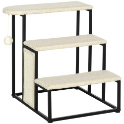 Escada para cães com 3 degraus bola suspensa painel para arranhar e estrutura de aço 47x45x47 cm creme e preto