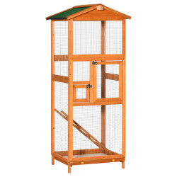 Gaiola para pássaros grande 68x63x165cm de madeira de abeto com 2 portas bandeja amovível e teto asfáltico madeira