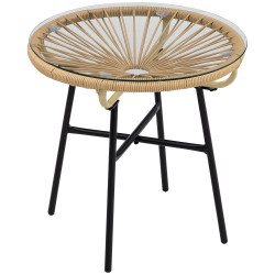 Mesa auxiliar de vime sintético para exteriores com bancada de vidro temperado e pés de metal ø50x50 cm bege e preto