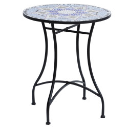 Mesa de jardim redonda mesa de varanda ø60x71 cm com bancada em mosaico decorativa mesa de exterior pátio azul e branco