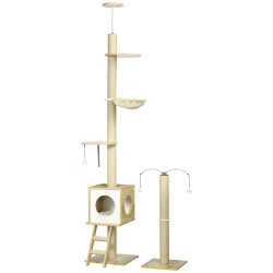 Árvore para gatos do chão ao teto 220-260cm com altura ajustável plataformas rede caverna poste de juta 40x40225-285cm bege