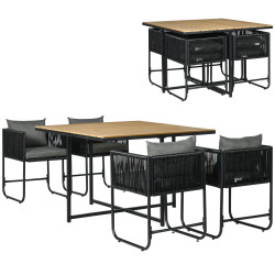 Conjunto de jardim de vime sintético 5 peças com mesa quadrada e 4 cadeiras almofadas preto e madeira
