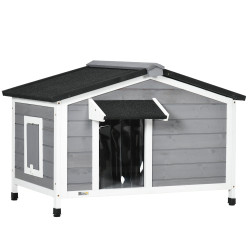 Casa para cães de madeira casa para animais de estimação com teto asfáltico 2 janelas porta com cortina 97x72x65 cm cinza