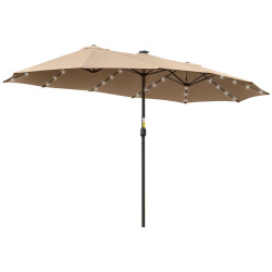 Chapéu de sol duplo com 48 luzes LED, 4,5x2,7 m, chapéu de sol para terraço exterior com manivela manual, resistente à água e com proteção solar, guarda-sol para jardim, terraço, pátio e piscina, cor caqui