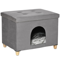 Caverna para gatos 2 em 1 banco para apoio dos pés com tampa removível orifício de entrada almofada lavável e pés elevados de madeira para interior 60x45x44,5cm cinza