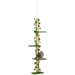 Árvore para gatos do chão ao teto 37x21x202-242 cm com 4 plataformas de relva artificial folhas artificiais e poste de juta verde