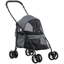 Carrinho para animais de estimação dobrável com janela de malha almofada lavável arnês de segurança 82x47x97cm cinza