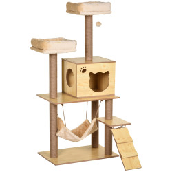 Arranhador para gatos com poste de arranhar de juta 2 camas rede caverna bola suspensa rede e rampa 60x40x130 cm madeira