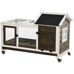 Coelheira de madeira com rodas para 1-2 coelhos com teto abatível bandeja amovível 108x58x73,5cm marrom café e branco