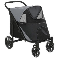 Carrinho para cães dobrável com janelas de malha cinto de segurança e bolsos de armazenamento 112x65x100 cm cinzento