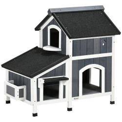 Casa para gatos de madeira com suporte para flores de 2 níveis e teto asfáltico 96x65x85,5 cm cinza