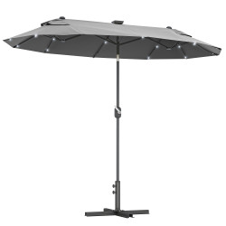 Chapéu de sol duplo 295x150x219 cm com luzes LED solares teto com inclinação ajustável e manivela manual para jardim cinza